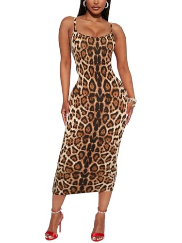 Image of Women's Midi Bodycon Tight Dress - Spaghetti Strap Summer Casual Leopard Cheeath Print Club Party Long Fitted Slip Dresses