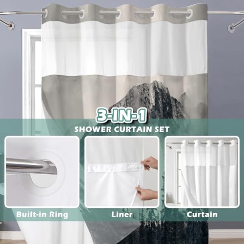 Shellspace No Hook 3 in 1 Shower Curtain with Snap in Liner, Smoky Mountain Cliff Shower Curtain Set with See Through Top Window, Machine Washable Waterproof Polyester Fabric Bath Curtain, 71 x 74 in by shellspace - Image 2
