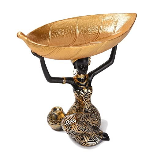 Brabud Resin Traditional Ethnic Dress Black Woman Statue With Leaf Shape Tray Suitable For Candy Jewelry Ring Fruit Decoration For Living Room Dining Table Bedroom Tqgjbs338 #TOP2