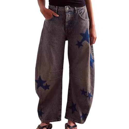 Womens Barrel Jeans Trendy Star Printed Baggy Wide Leg Jeans Boyfriend Y2k Stretchy Ankle Denim Pants