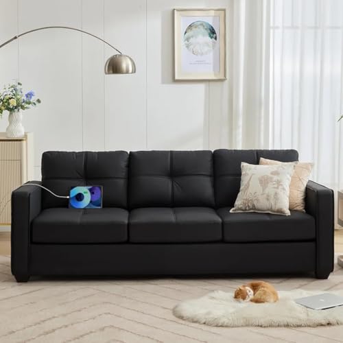 FURNY Hermon 3 Seater Premium Leatherette Sofa Set (Black) Durable & Comfortable | Ideal for Living Rooms