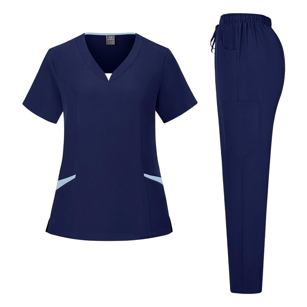 Scrubs for Women Set Quick Drying V-Neck Short Sleeve Scrub Tops with Pockets & Cargo Pant Stretch Scrub Set