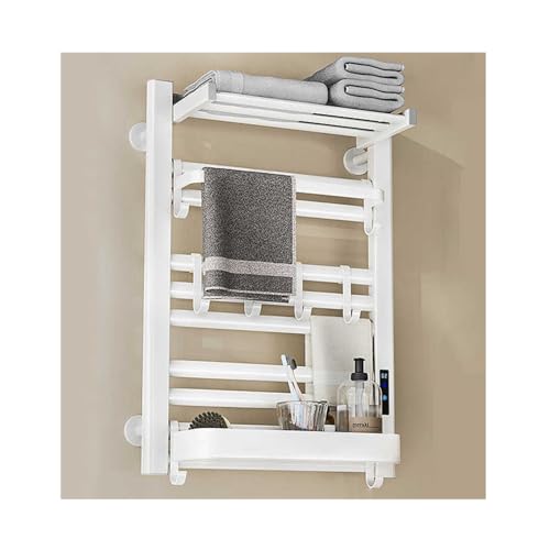 Blanco 60, Línea Izquierda, Toallero Calefactable para Baño, Enchufable, Montaje en Pared con Estante Superior, Secador de Toallas de Aluminio, Temperatura Constante