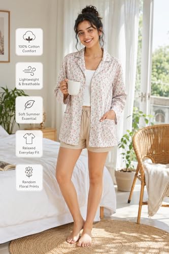 Image of Women's Cotton Floral Printed Summer Coat for Sun Protection, Lightweight Full Sleeve Cover-Up for Driving & Outdoor Use (Random Colour)