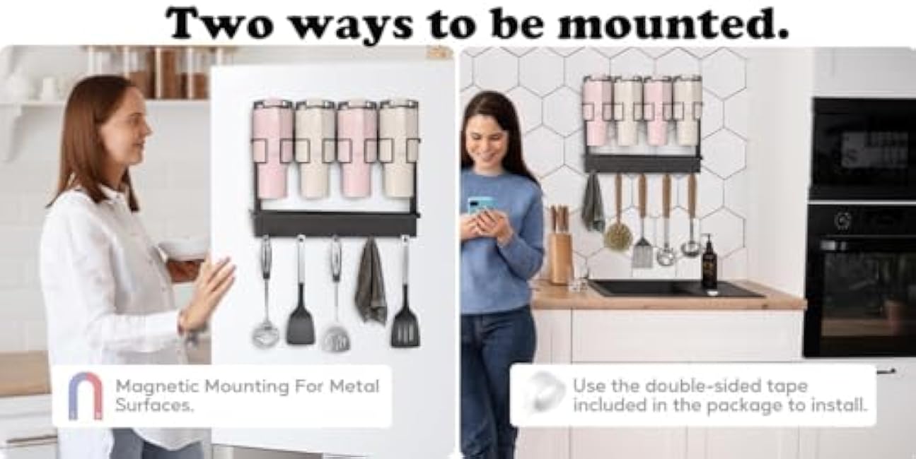 Magnetic Stanley Cup Holder for Refrigerator, Water Bottle Organizer for Stanley 40 oz with Lid Strap Hook, Kitchen Pantry Storage for Stanley Cup Accessories, Fridge Magnetic or Cabinet Adhesive