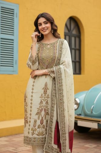 Image of Amazon Brand - Tavasya Womens Ethnic Motifs Embroidered Kurta Pant Set With Designer Long Dupatta