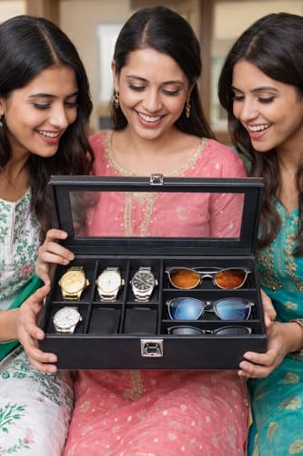 Image of Sukeshcraft 6 Slot Watch Organizer Case with Lock - Premium Black PU Leather Watch Box for Men - Sunglass Storage Compartment (Black Pu - Black Velvet)