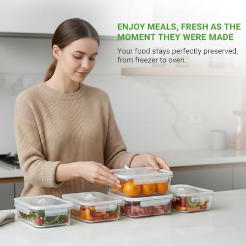 Image of NutriChef 5-Piece 30 oz Reusable Glass Meal Prep Containers - Stackable Kitchen Storage Containers for Food, 4-Side Locking Plastic Lids w /Vent Hole - Easy to Clean, Dishwasher Safe (Flat)