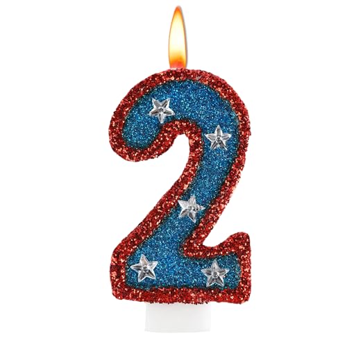 American Flag Birthday Candle, 4th of July Birthday Decorations for Cake, Red and Blue Sequined Number 2 Candle for 2nd Birthday Independence Day and Captain America Party Decorations Favors Supplies