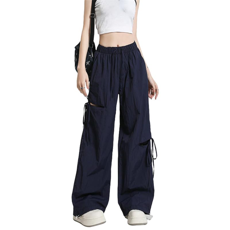 Pantalon cargo femme jambes larges droite toile respirante avec détails déchirés