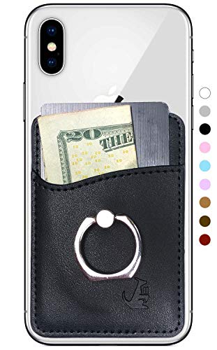 WALLAROO Leather Phone Card Holder Stick On Wallet for iPhone and Android Smartphones (Black Ring Wallet)
