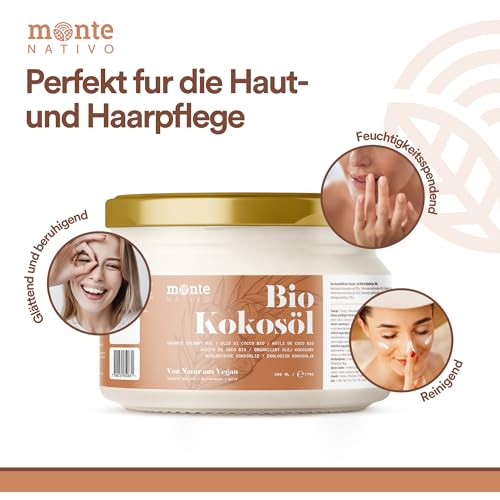 Kokosöl Bio Monte Nativo (200ml) - Coconut Oil - Kokosnussöl in Rohkostqualität - Reines Kokosfett - Bio Kokosöl nativ kaltgepresst zum Kochen, Braten und Backen, für die Haare, Zähne und Haut