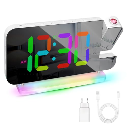 Sveglia con proiezione, display a LED con proiezione digitale con proiettore girevole a 180 gradi, 10 colori, luce notturna, 11 colori RGB, sveglia digitale per bambini, orologio da tavolo per ragazzi