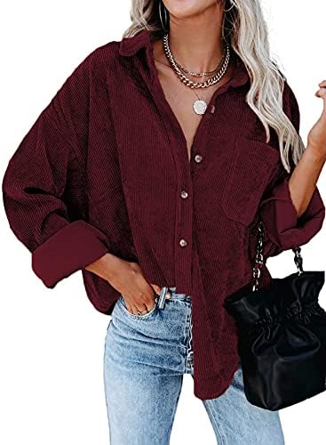 Necooer Damen Cordhemden Boyfriend Langarm Button Down Blusen Tops