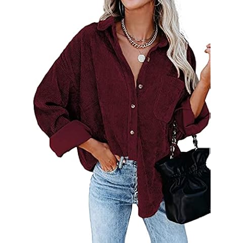 Necooer Womens Corduroy Shirts Button Down Long Sleeve Blouses Boyfriend Tops Oversized Jacket…, A-red Wine, XL Cover