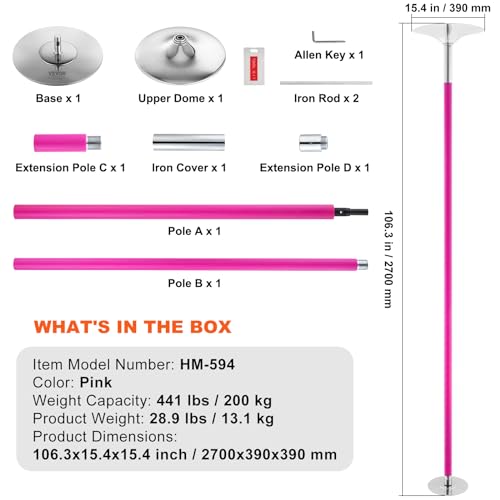 VEVOR Professional Dancing Pole, Spinning Static Dancing Pole Kit, Portable Removable Pole, 40mm Heavy-Duty Stainless Steel Pole, Height Adjustable Fitness Pole, for Exercise Home Club Gym, Pink - Thumbnail 7
