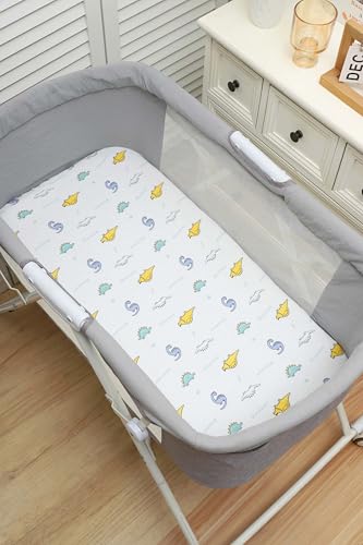Image of Onacosht Muslin Bassinet Sheets 3 Pack for Baby Boy, Dinosaur Car &Blue | Skin-friendly, 100% Cotton Bassinet Fitted Sheets, 33 inch X 17 inch, Universal Size for Standard Oval & Rectangle Bassinet Mattress