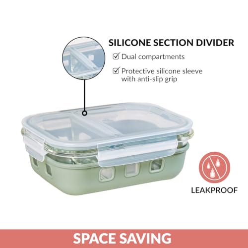Image of Nestasia Glass Lunch Box with Silicone Sleeve (600ml) - Borosilicate Glass Lunch Box with 2 Compartments for Office | Microwave & Freezer Safe, Leak-Proof Tiffin Box with Clip Locks (Green)