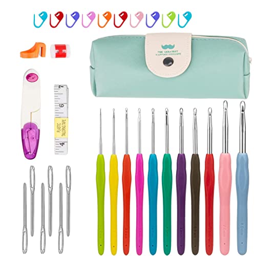 Ganchos de ganchillo de aluminio colorido mango de goma ergonómico de agarre suave kits de agujas de tejer herramientas para el hogar, mamá, con estuche portátil (2-8 mm) Cover