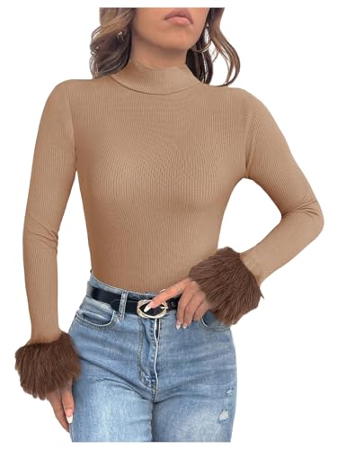 SOLY HUX Women's Fuzzy Mock Neck T Shirt Long Sleeve Fitted Ribbed