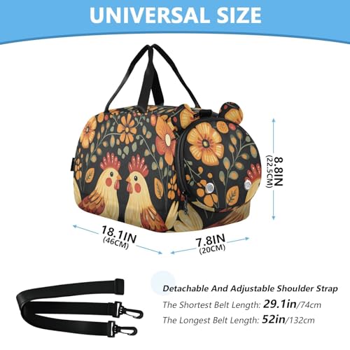 Kids Sports Duffel Bag for Boys & Girls - Cute Floral Chickens Leaves 100% Polyester Gym Bag with Separate Shoe Compartment, Adjustable Shoulder Strap, Compact Travel & Workout Gear Bag3