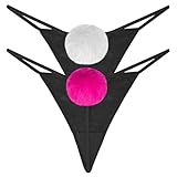 Xlndsoea Faux Fur Ball Thong Panty for Women, Black Lace G String with Fuzzy Pom Poms 2Pack S-4XL