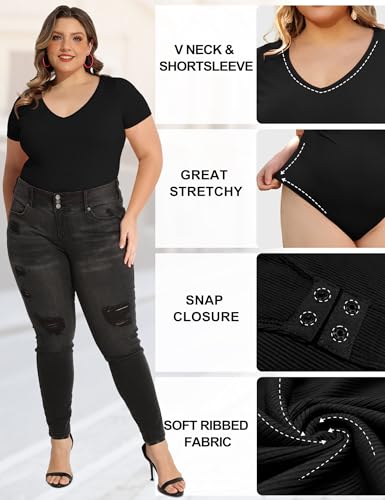 Image of COOTRY Plus Size Short Sleeve Bodysuits for Women V Neck Body Suit Tops Basic One Piece Bodysuit T Shirt