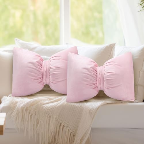 Beeveer 2 Pcs 12 x 18 Inch Bow Pillow Coquettish Throw Pillow Big Bow Shaped Cushion Velvet Coquette Decor Pink Cushion for Room Nursery Bed Sofa Couch Holiday Car Decor