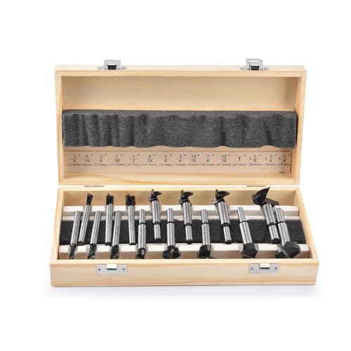 Mollom Carbide Forstner Drill Bit Set 15 Pieces(6.3-35mm), Woodworking with YG8 Carbide Steel Thickened Blades, Hinge Cutter Tool Kits Ideal for Wood, Plastic, Plywood