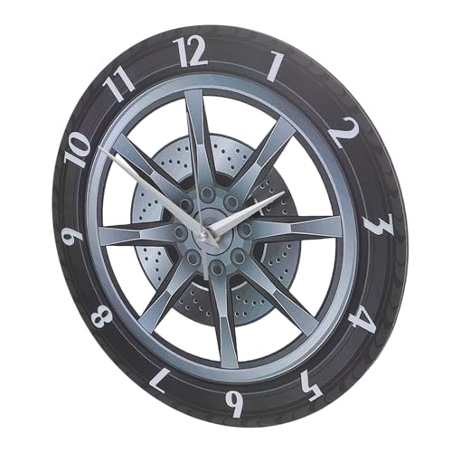 HEALEEP Creative 3D Car Wheel Wall Clock, Large Vintage Tire Shaped Clock, Silent Non-Ticking Home Decor for Living Room Bedroom Office
