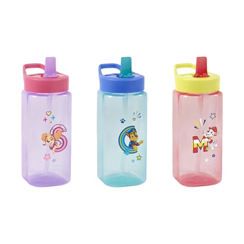 Paw Patrol Water Bottle, 3 Pack Pink Blue Red Colourway Pack 420ml BPA Free 6M+ Straw Sipper for Toddlers, Reusable Non-Spill School Nursery Bottle Set