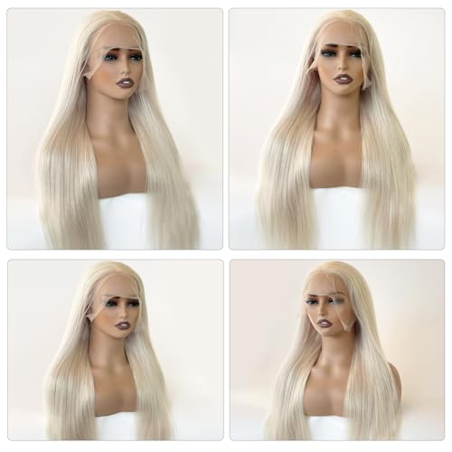 Image of 13x6 Lace Front Wig Human Hair Straight Platinum Blonde Wig for Black Women 24 Inch Brazilian Remy Lace Frontal Pre Plucked 180% Density Natural Silver Blonde Glueless Wigs