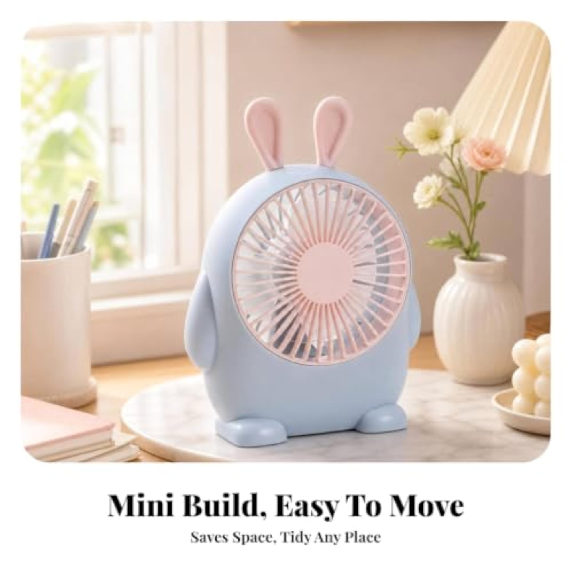 Small Circular Grille Tabletop Fan, Pink Rabbit Base