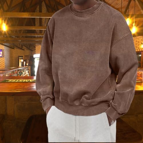 Mokaloha Men's Distressed Washed Cotton Round Neck Long-Sleeved Sweatshirt, Basic Retro Casual Sweatshirt Crewneck3