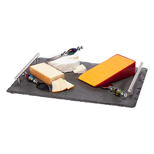 Oenophilia Slate Cheese Board With Stainless Steel Handles, Charcuterie Platter Serving Board Tray For Cheese, Crackers, And Meat #TOP2