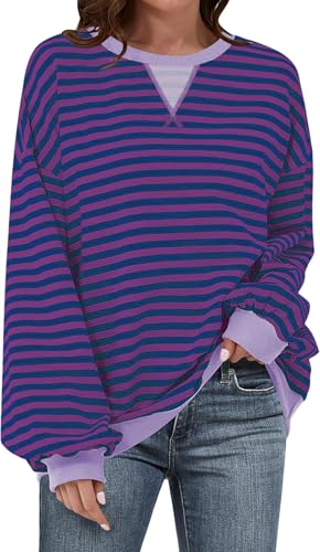 Image of UEU Women Oversized Striped Crewneck Sweatshirt Long Sleeve Color Block Pullover Tops Casual Loose Workout Shirt