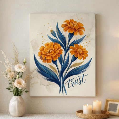 Cuadro de caléndula azul y naranja para salón - Lienzo abstracto otoñal