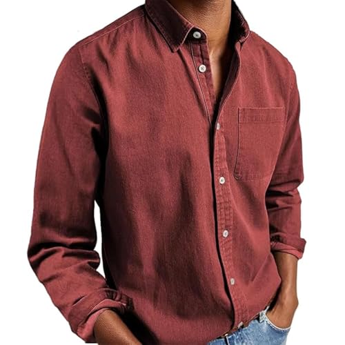 Långärmad skjorta för män, bomullsblandning button-down vardaglig och formell klädsel, retro kavajslag affärskläder skjorta, Röd, L