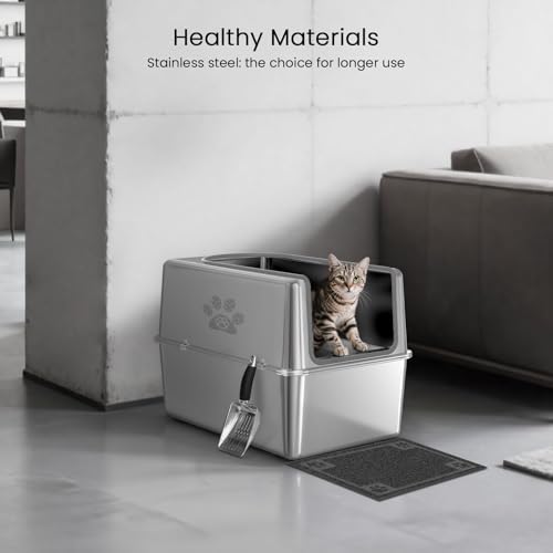 Enclosed Stainless Steel Cat Litter Box with Lid, XL Metal Litter Box for Big Cats, Extra Large Cat Toilet with High Side, Non-Stick, Anti-Leakage, Odorless, with Cats Litter Mat & Litter Scoop