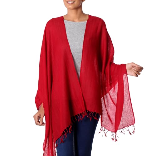 NOVICA Artisan Handmade Wool Shawl Women's Red All Woven from India Accessories Solid 'Valley of Kashmir in Red'2