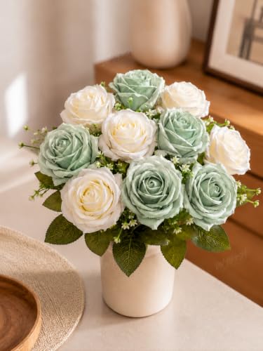 Image of Divyakosh Artificial Rose Flower Bouquet 10 Rose (5 Sage Green + 5 Ivory White Roses) with Green Leaves | Faux Flowers for Home Decor, Living Room, Office, Bedroom| Vase Not Included