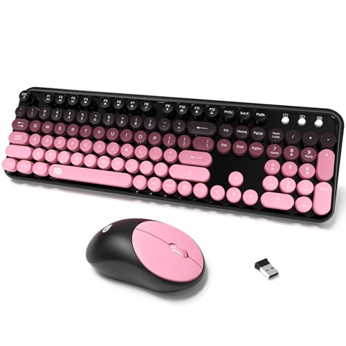 Wireless Keyboard and Mouse Combo, 2.4 GHz Wireless Full-Sized Typewriter Keyboard with Round Keycaps for Windows, Computer, Desktop, PC, Laptop (Pink)