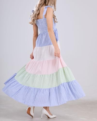 Image of chouyatou Women's Color Block Striped Smocked Maxi Dress Sexy Spaghetti Strap Tiered Flowy Beach Maxi Dress