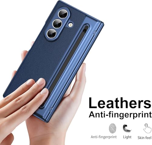 Image of amazon basics Luxury Vegan Leather Case for Samsung Galaxy Z Fold 6 - Ultra Slim Protective Cover with Integrated S Pen Holder & Raised Camera Guards - Blue