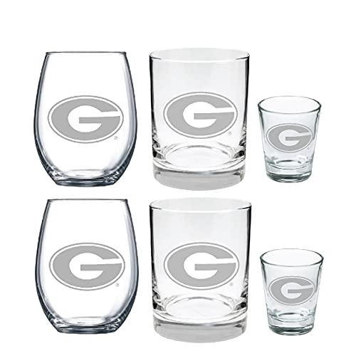 RFSJ INC. Georgia Bulldogs 6 Piece Satin Etched Glass Combo Set – Includes 2 Wine Glasses, 2 Rocks/Whiskey Glasses, and 2 Shot Glasses