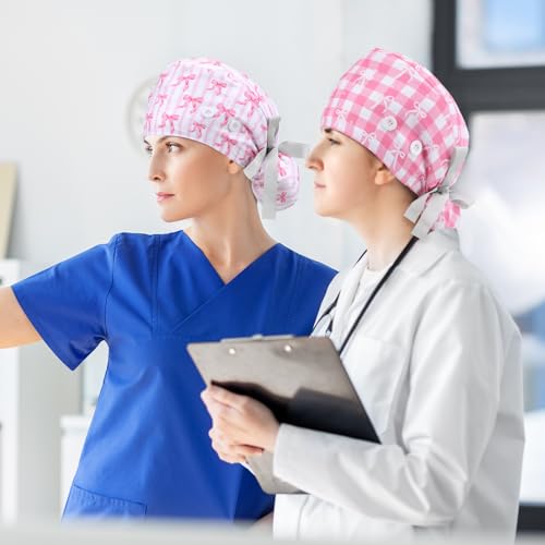 Image of 6 Pcs Scrub Caps for Women Doctor Nursing Hats with Buttons Adjustable Tie Back Working Cap Bouffant Scrub Hats for Women Men