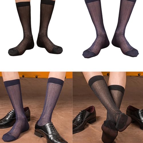 Soft Warm Hosiery, Elegant Men Business Long Calf Nylon Dress Socks Sheer Thin Glossy Striped See Through Silk Suit Socks for Formal Outfit2