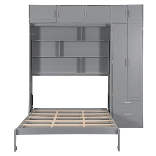 Image of Merax Queen Size Murphy Bed with Shelves, Top Cabinet and Wardrobe, Fold into The Wall, Space-Saving Design Foldable Platform Bed Frame for Bedroom, Guest Room, Home Office, Gray