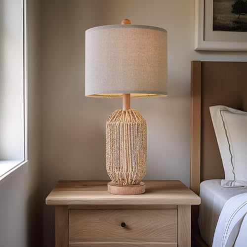 Image of OYEARS 21 inch Boho Table Lamps Set of 2 for Living Room, Bedside Lamps for Nightstand, Rattan Lamp for Bedroom, Farmhouse Table Lamps for Boho Decor, End Table, Retro, Brown