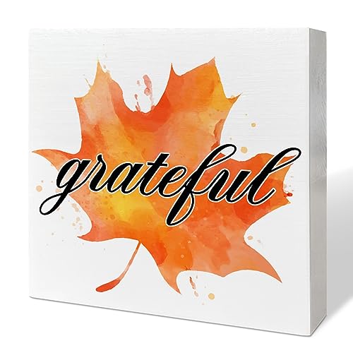 Image of Thanksgiving Table Wooden Box Sign, Thankful Autumn Table Decor Fall Maple Leaf Farmhouse Tabletop Decorations for Home Office Harvest Thanksgiving Rustic Desk Decor